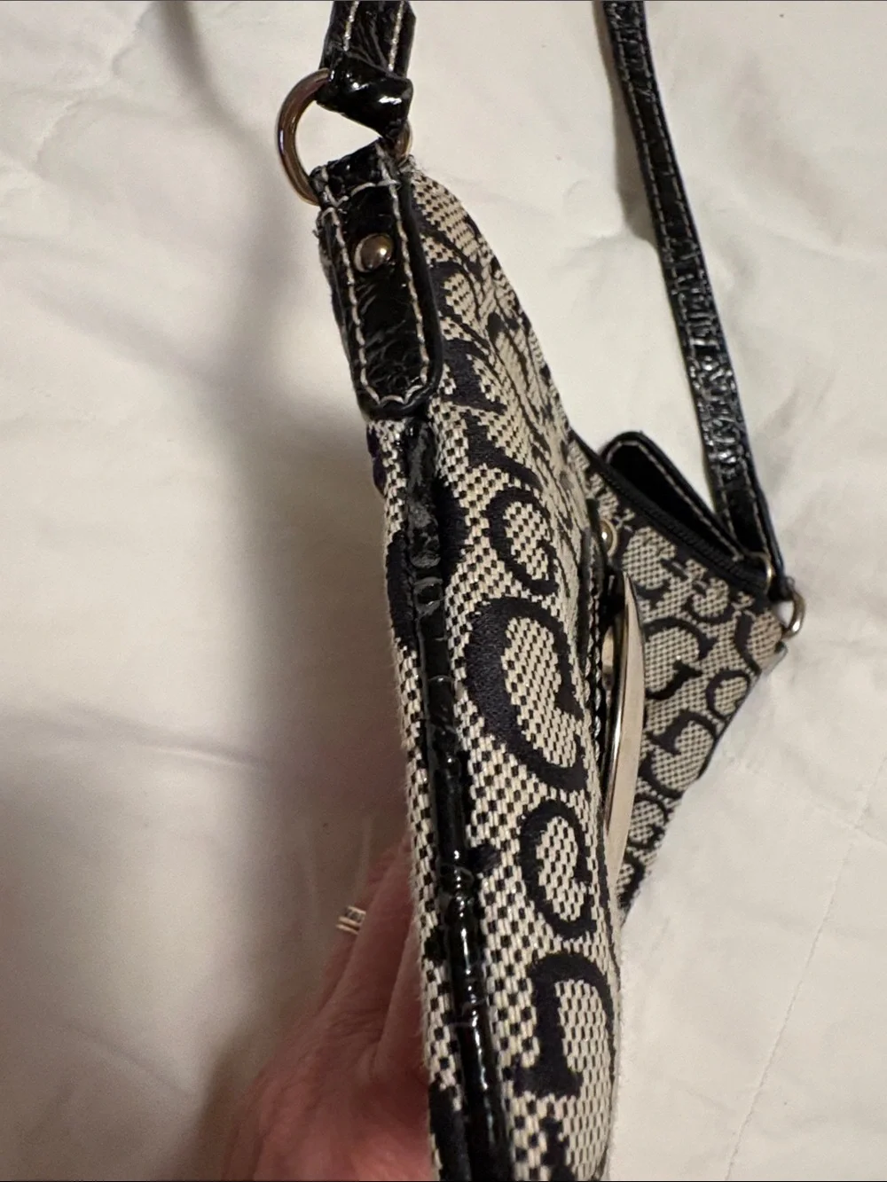 VTG Guess Monogram Small Crossbody Bag in Black and Cream with Silver Buckle